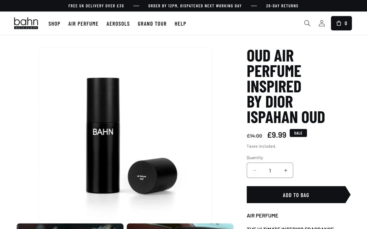 BAHN Auto Scent website section: The product page, with one clear Add to bag