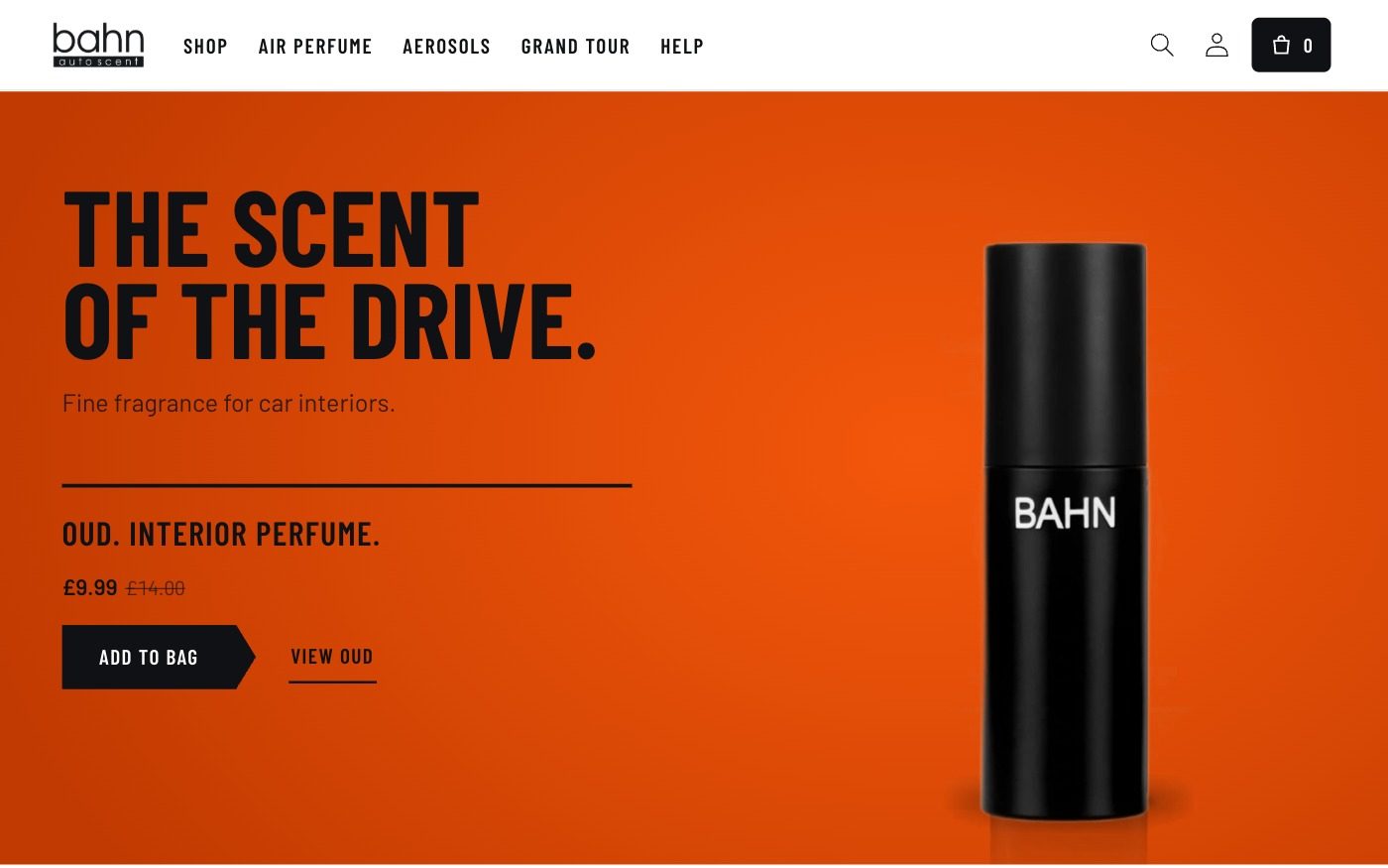BAHN Auto Scent website section: The Oud campaign band, with a live price and Add to bag