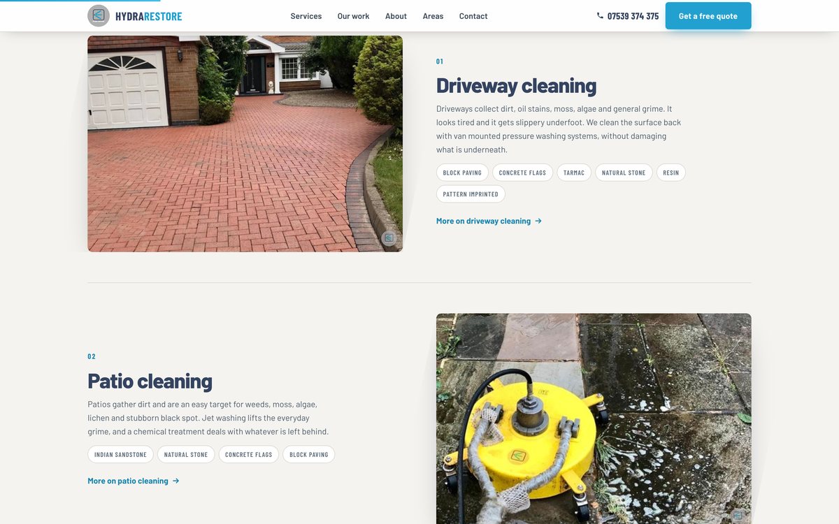 Hydra Restore website section: The services list, each service shown with a photo of a real job