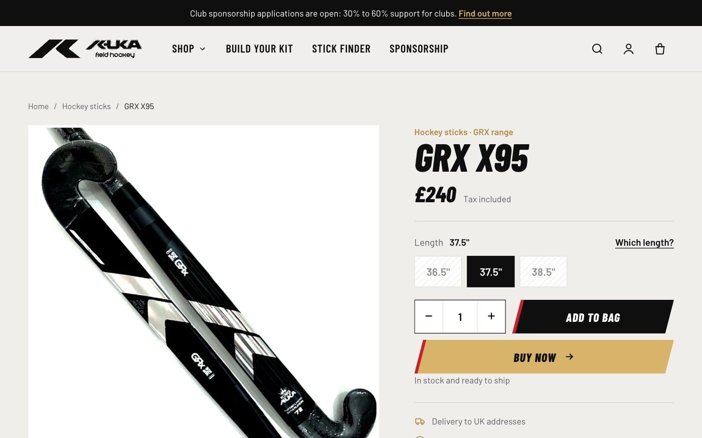 KUKA Hockey website section: The product page: pick a length, then add to bag or buy now