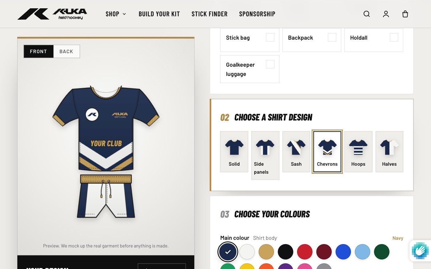 KUKA Hockey website section: The kit builder, where clubs design their kit in their own colours