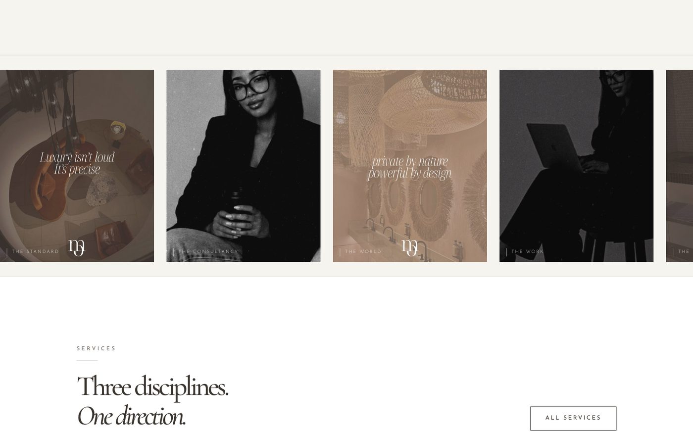 Melae Eleve website section: The photography strip, leading into the three disciplines