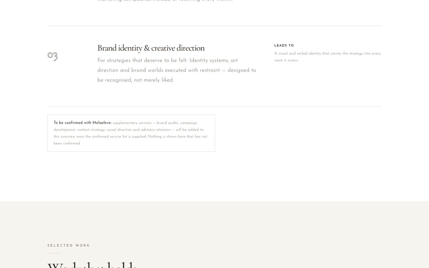 Melae Eleve website section: Brand identity and creative direction, one of the three disciplines