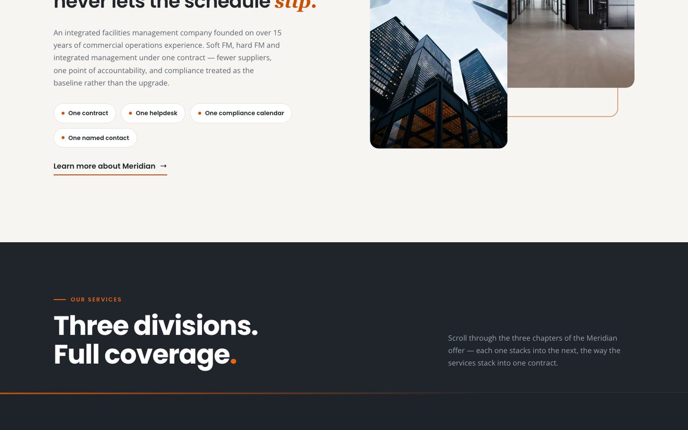 Meridian Facilities Group website section: The introduction, then the start of the three service divisions