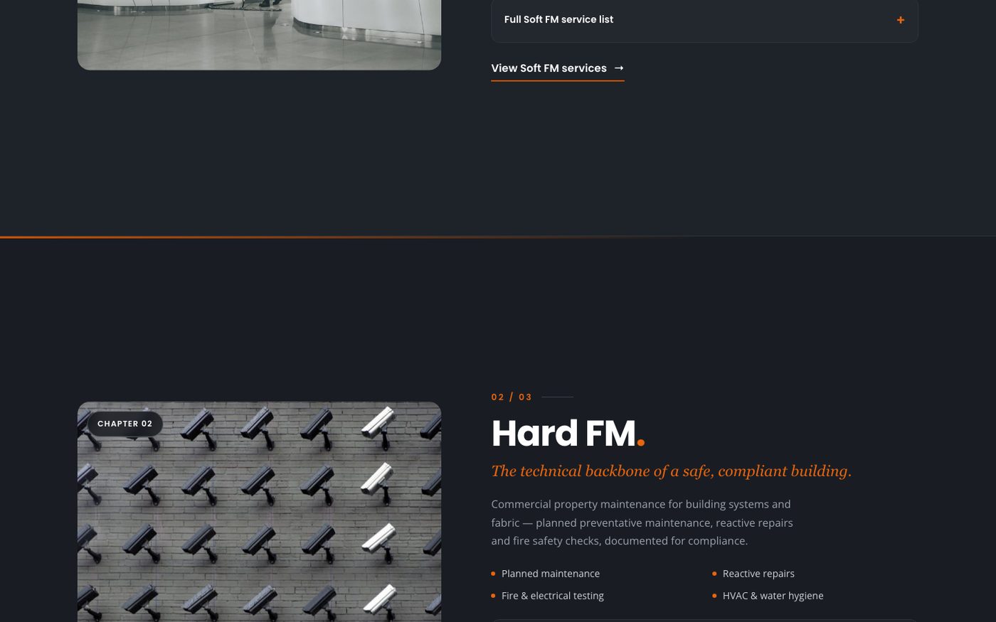Meridian Facilities Group website section: Hard FM, one of the three service chapters