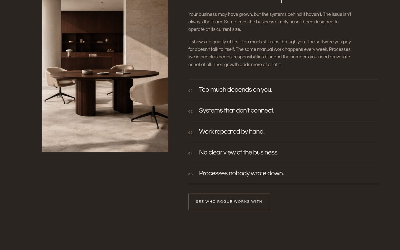Rogue Business Consultancy website section: The problem section: five signs a business has outgrown how it runs